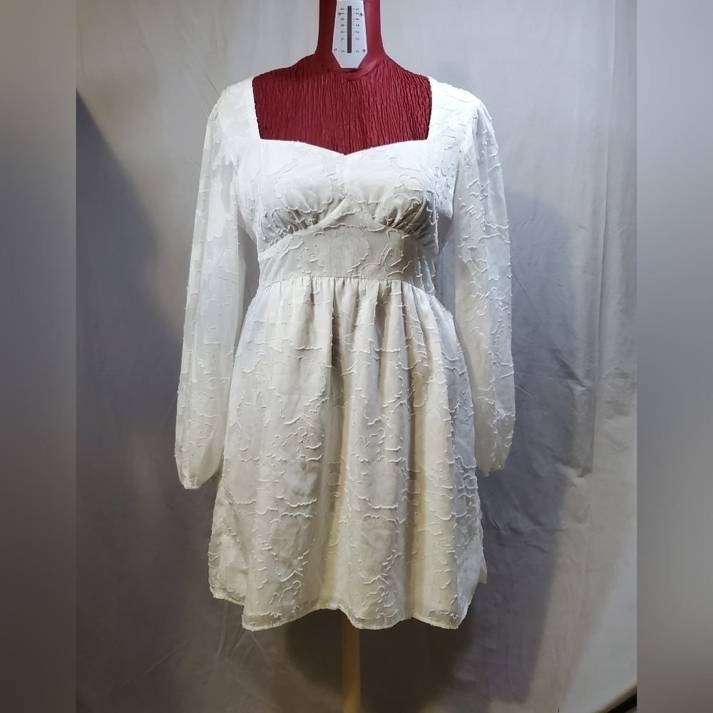 SBetro White Textured Empire Waist Backless Boho Puffy Sleeves Size XL